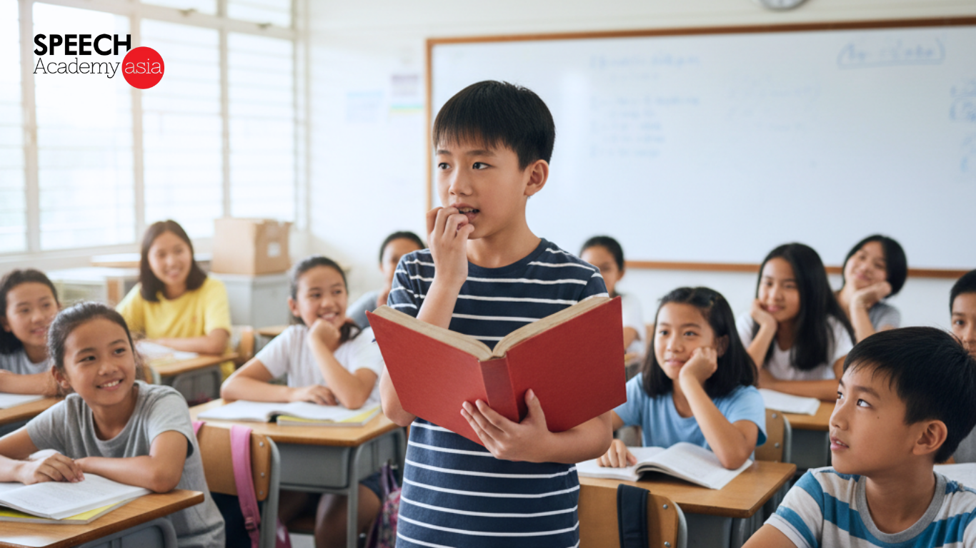 Boy looking nervous while standing in front of the class, experiencing public speaking anxiety