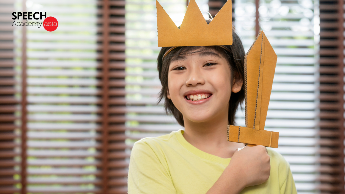 A confident Singaporean student practicing public speaking to develop MOE 21st Century Competencies and character values.