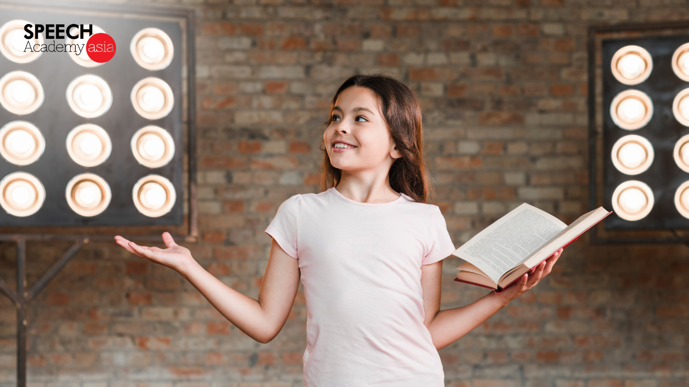 Young girl confidently giving a presentation in front of an audience
