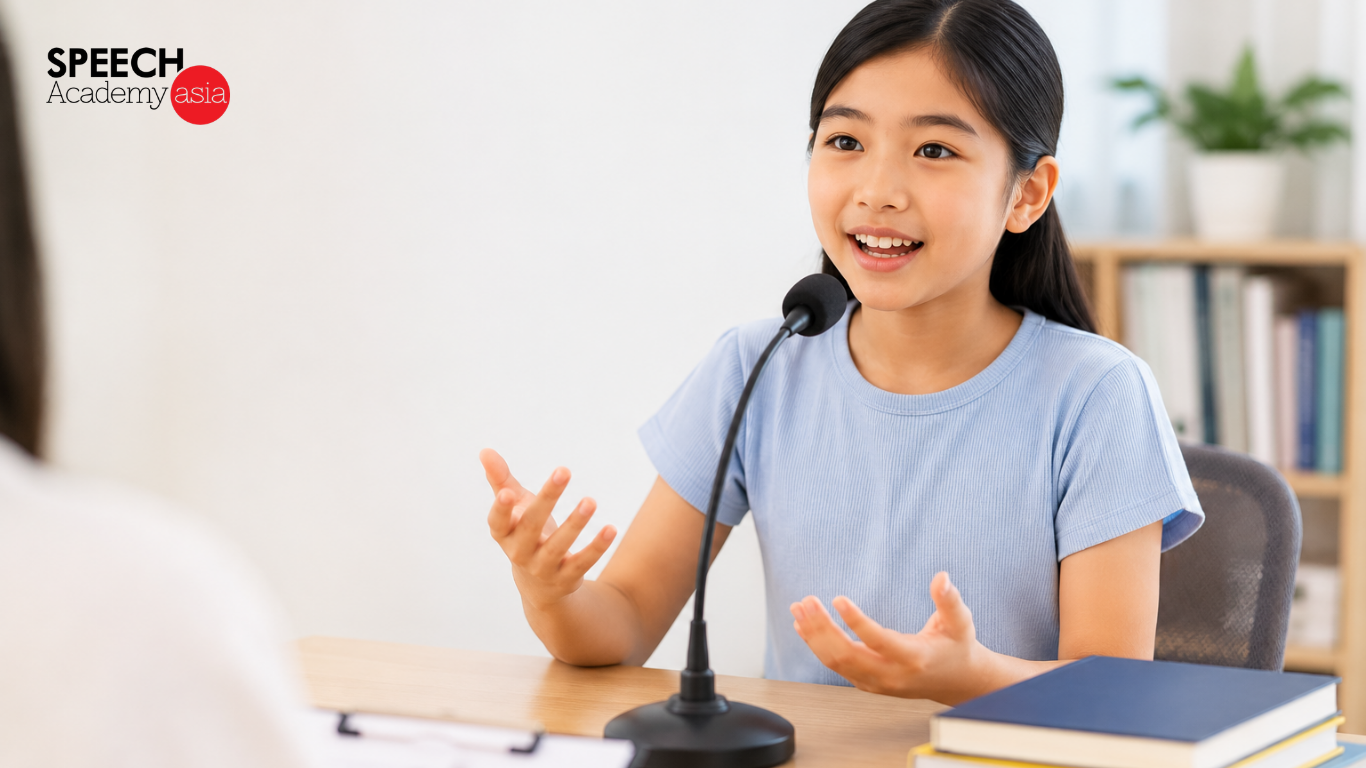 Student practising PSLE oral speaking with teacher guidance in a classroom setting