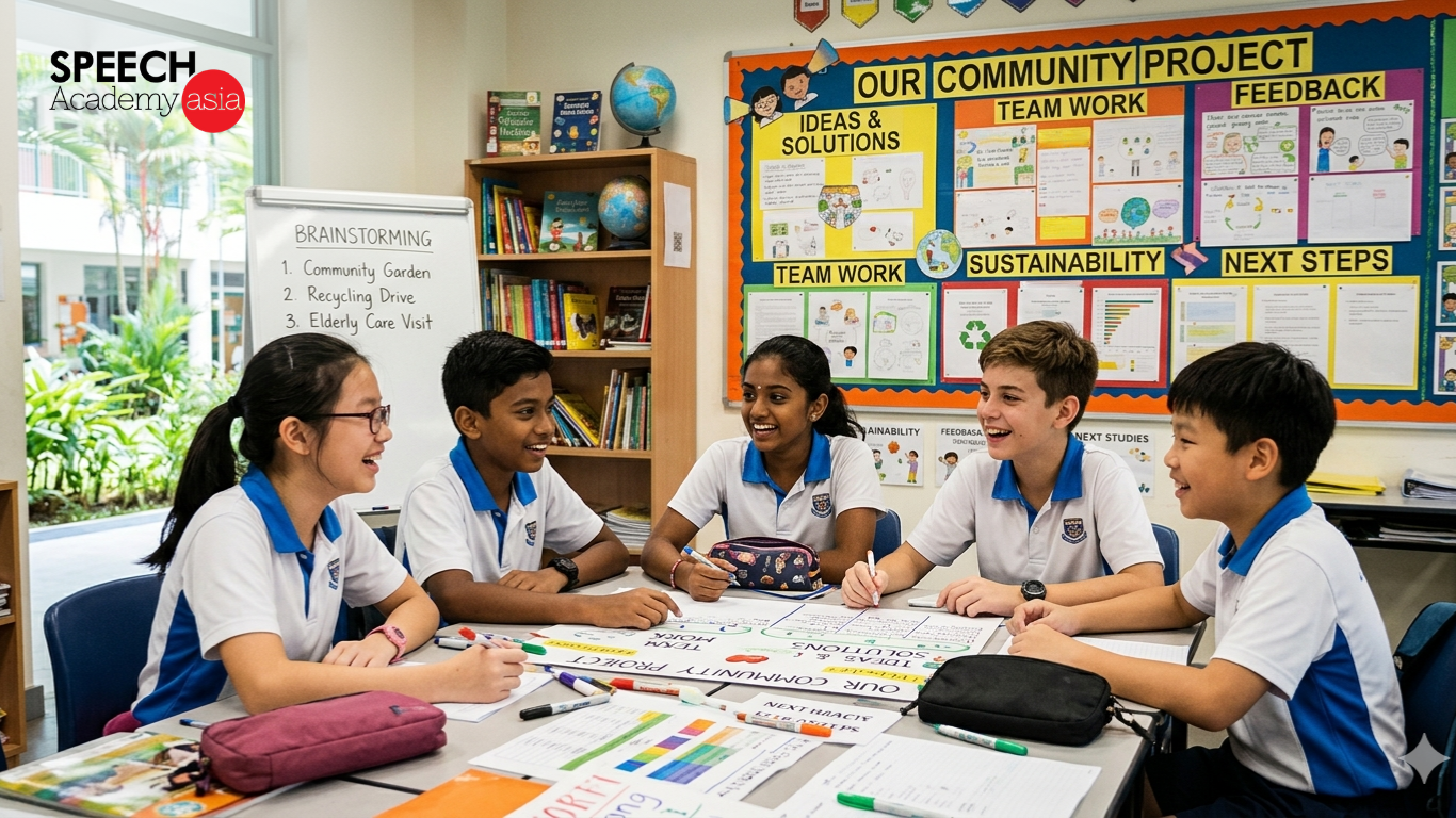 Multiracial group of students in a Singapore classroom actively communicating and discussing together