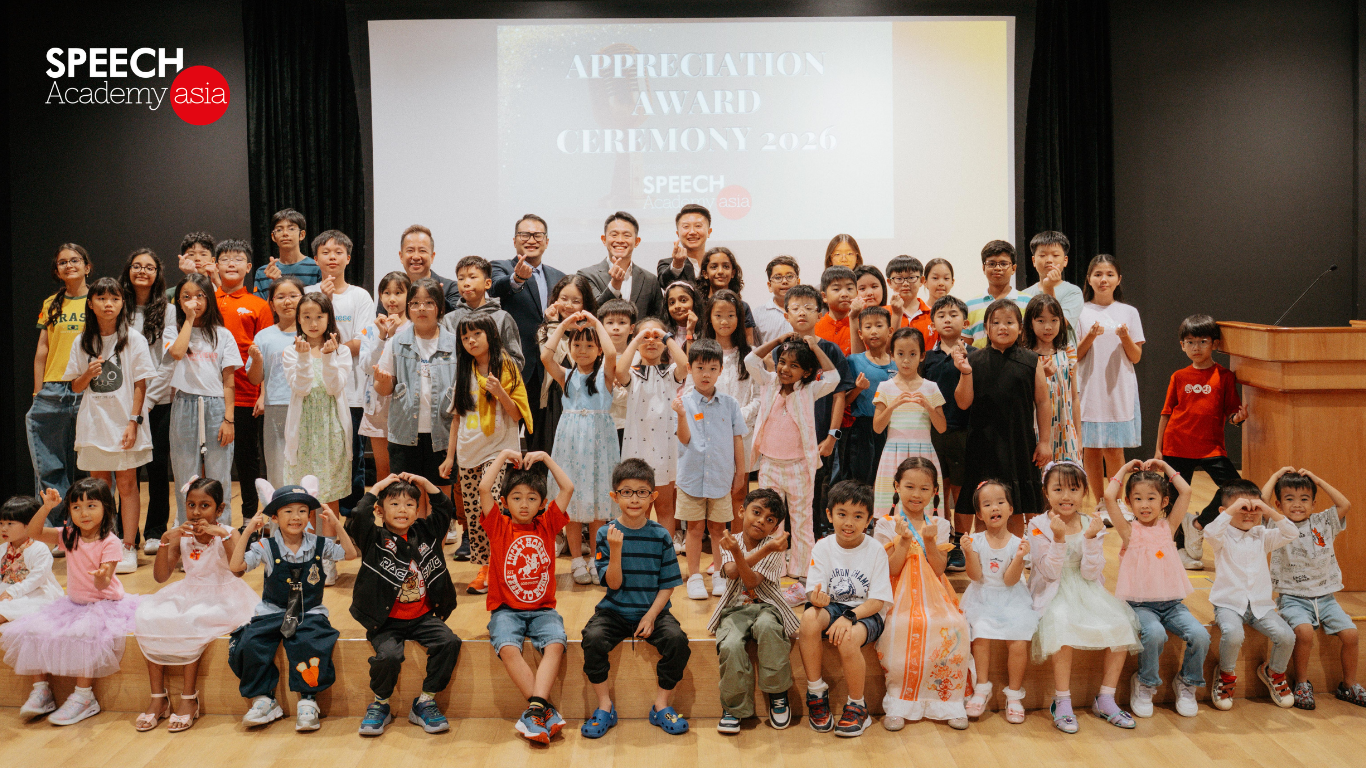 Full group photo of Speech Academy Asia students with Guests of Honour on stage at Appreciation Award Ceremony 2026
