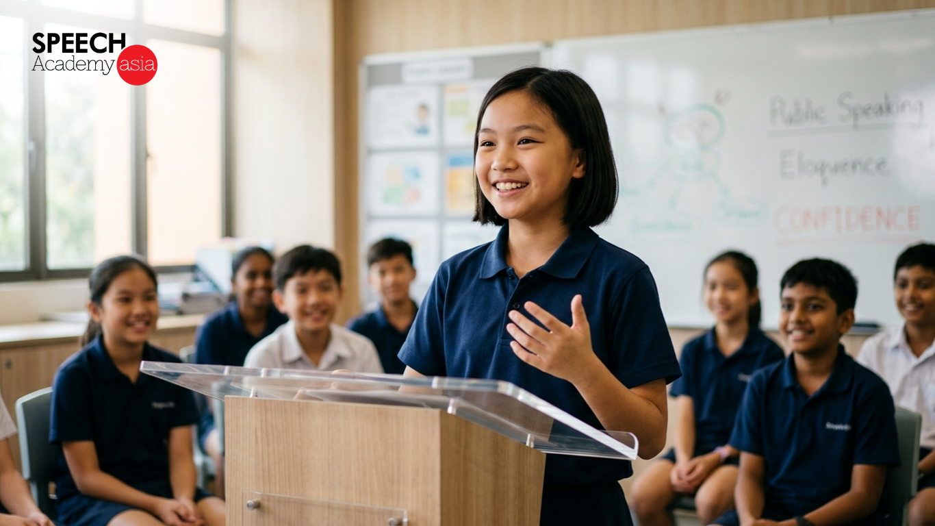 A confident Singaporean schoolgirl speaking eloquently at a podium in front of her classmates during a public speaking course.