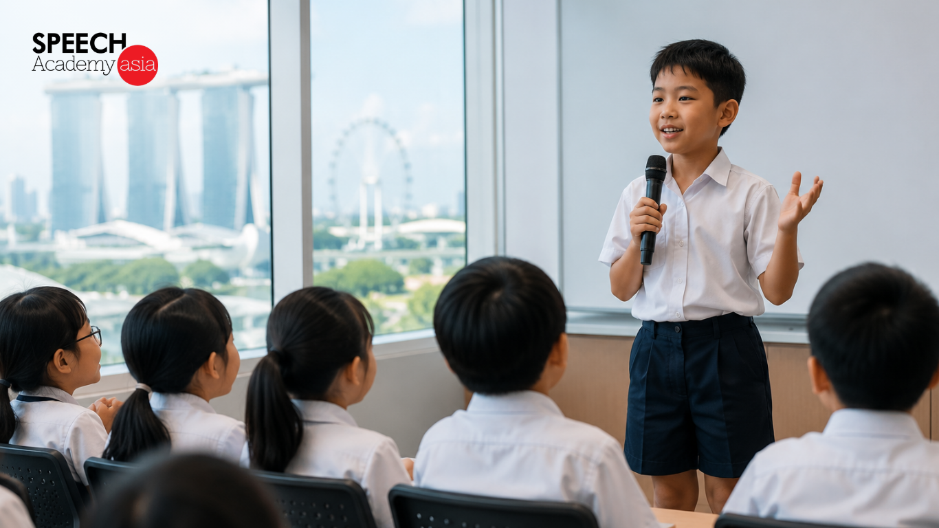 Children attending a language course class in Singapore while a primary school student gives a confident public speaking presentation