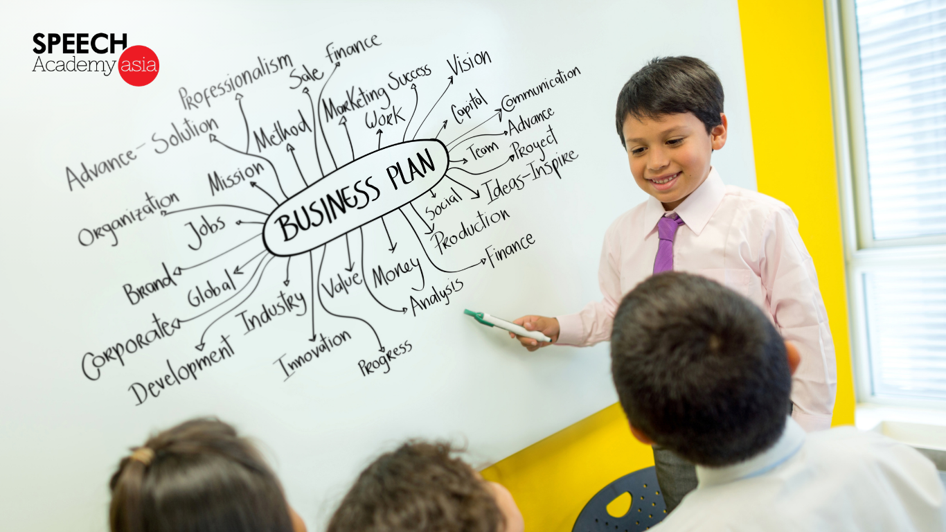 Young students in Singapore presenting their business ideas at an Entrepreneurship Camp.