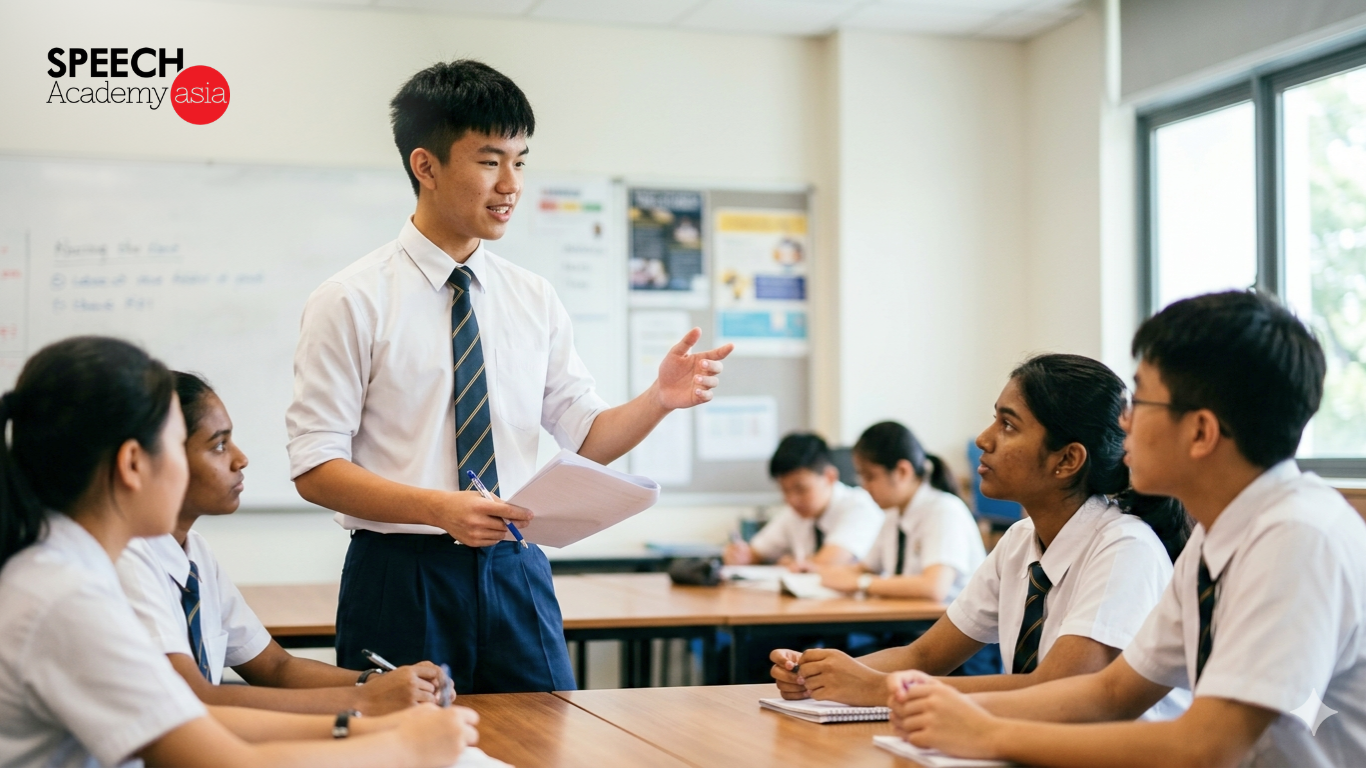 Singapore classroom with a student confidently leading classmates during a group discussion activity