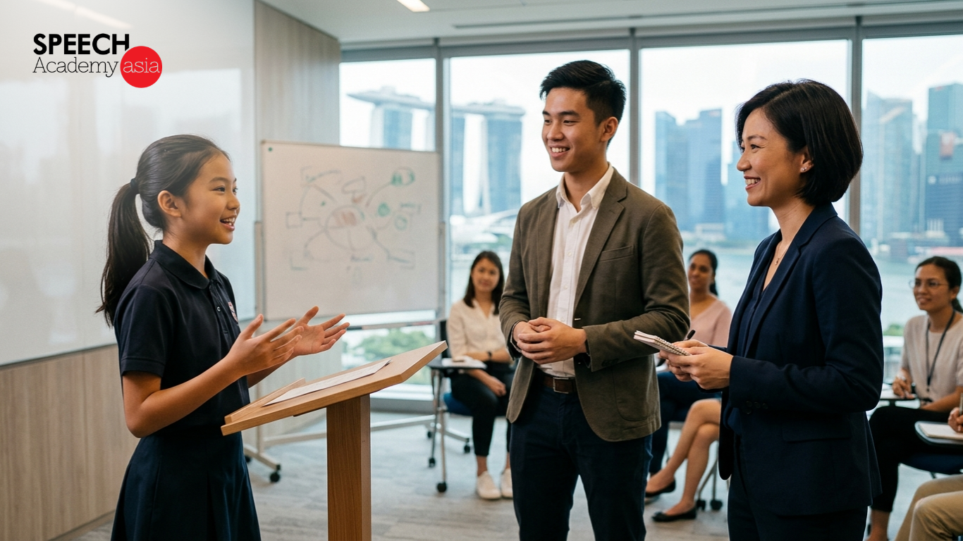 Student confidently presenting in front of a class