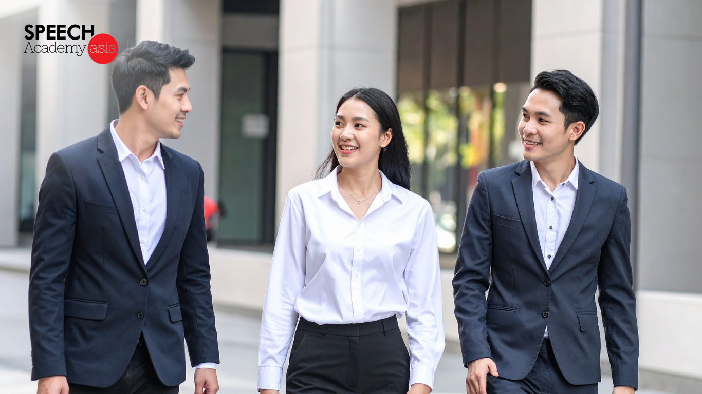 Three adults in business attire smiling and collaborating while working together in an office environment
