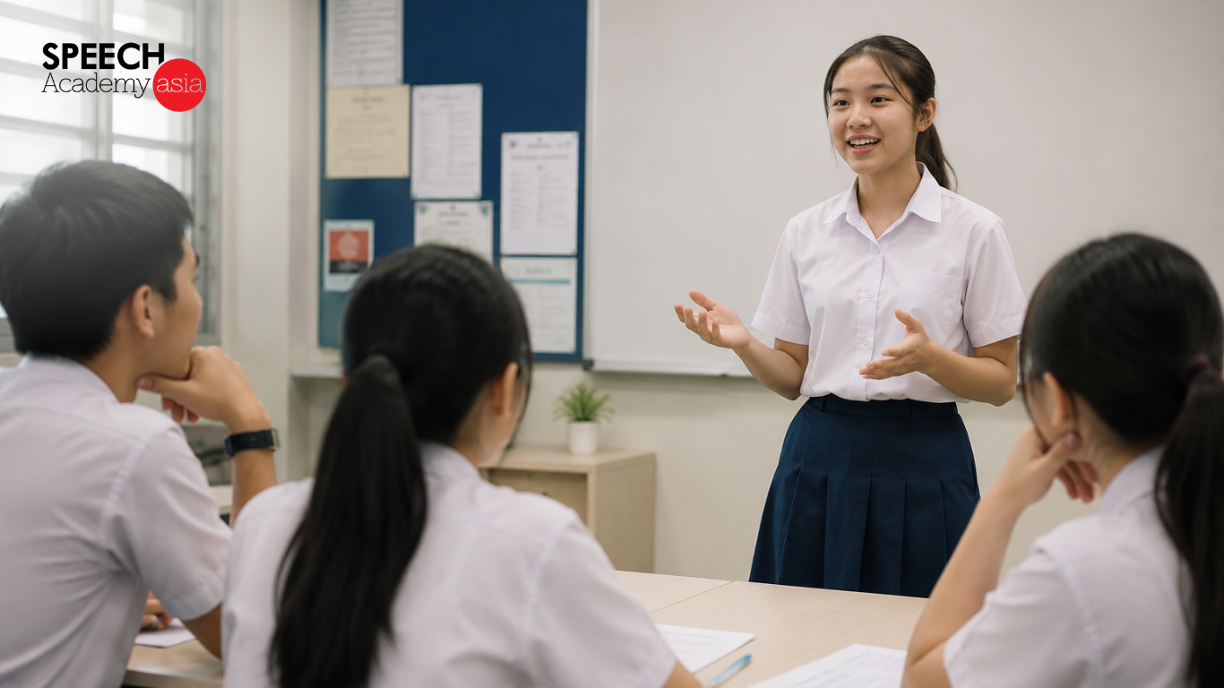 Singapore classroom setting with a student presenting in front of classmates during an oral communication lesson