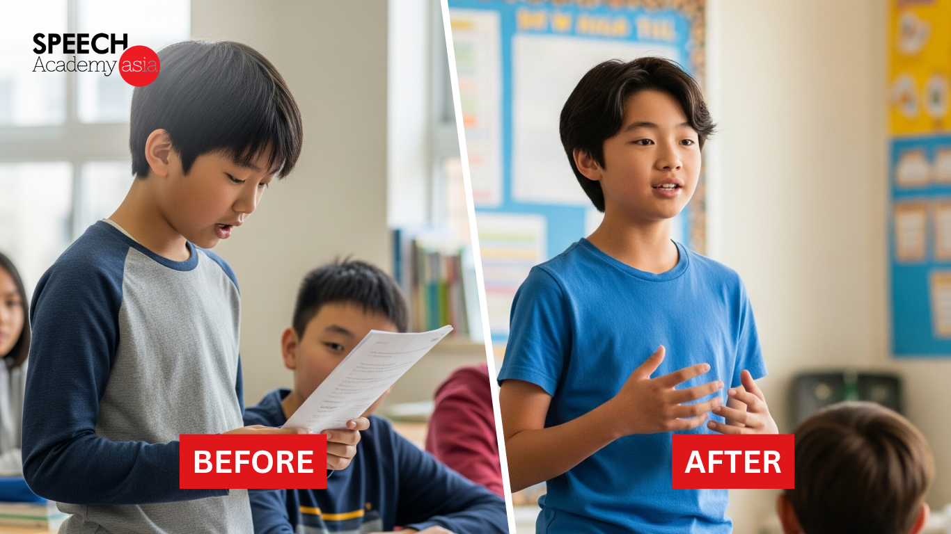 Child showing transformation from shy and nervous posture to confident public speaking in a communication class in Singapore classroom