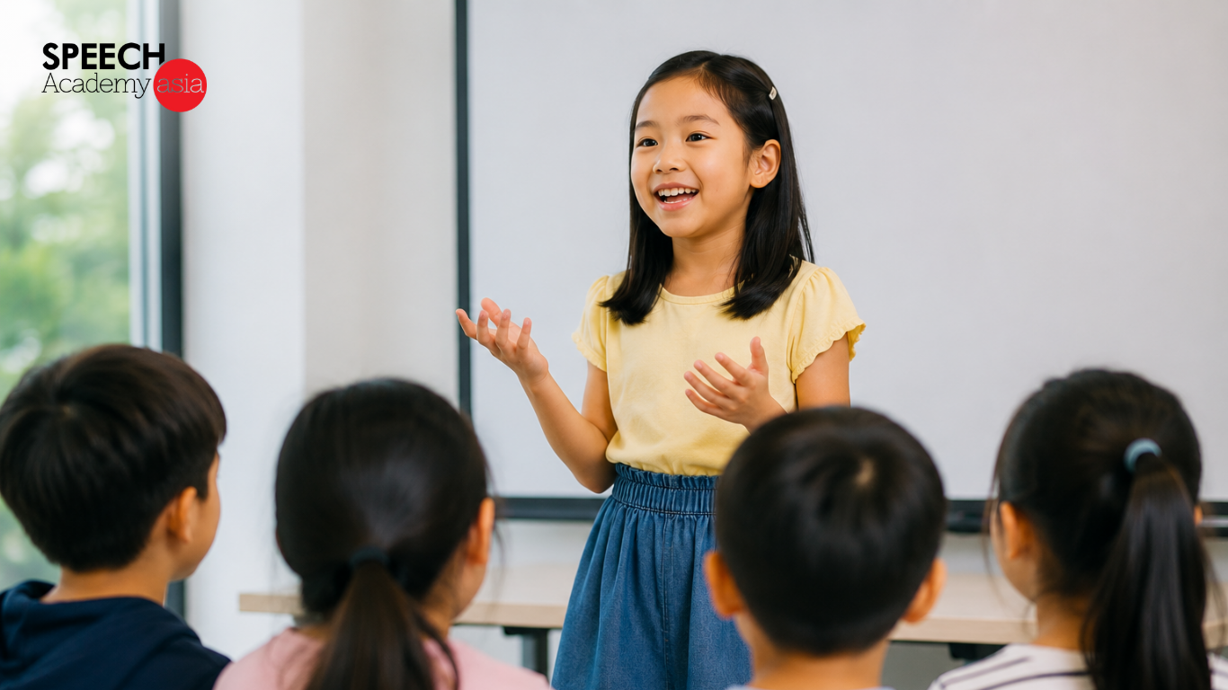 Girl attending a public speaking course and presenting confidently to her classmates in a classroom
