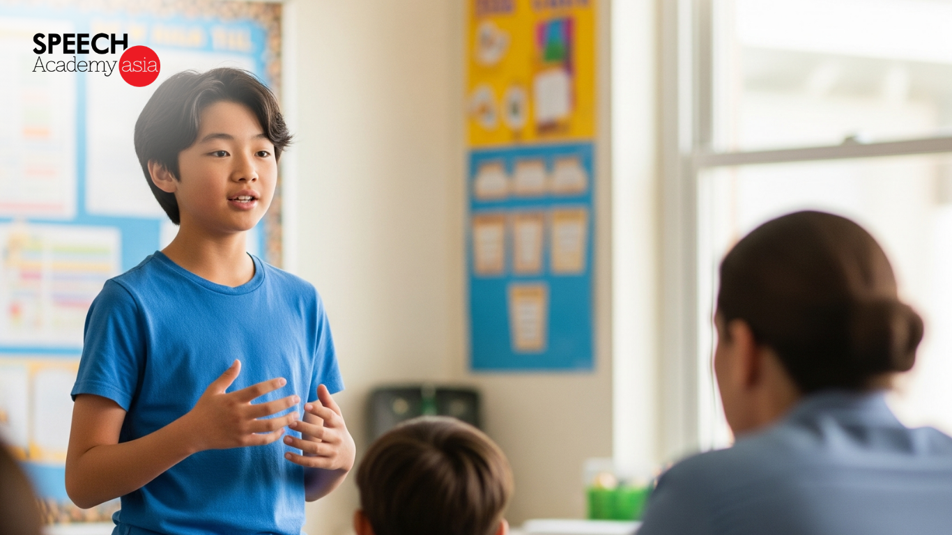 Child making natural eye contact while presenting in a Singapore classroom with classmates listening attentively and teacher observing
