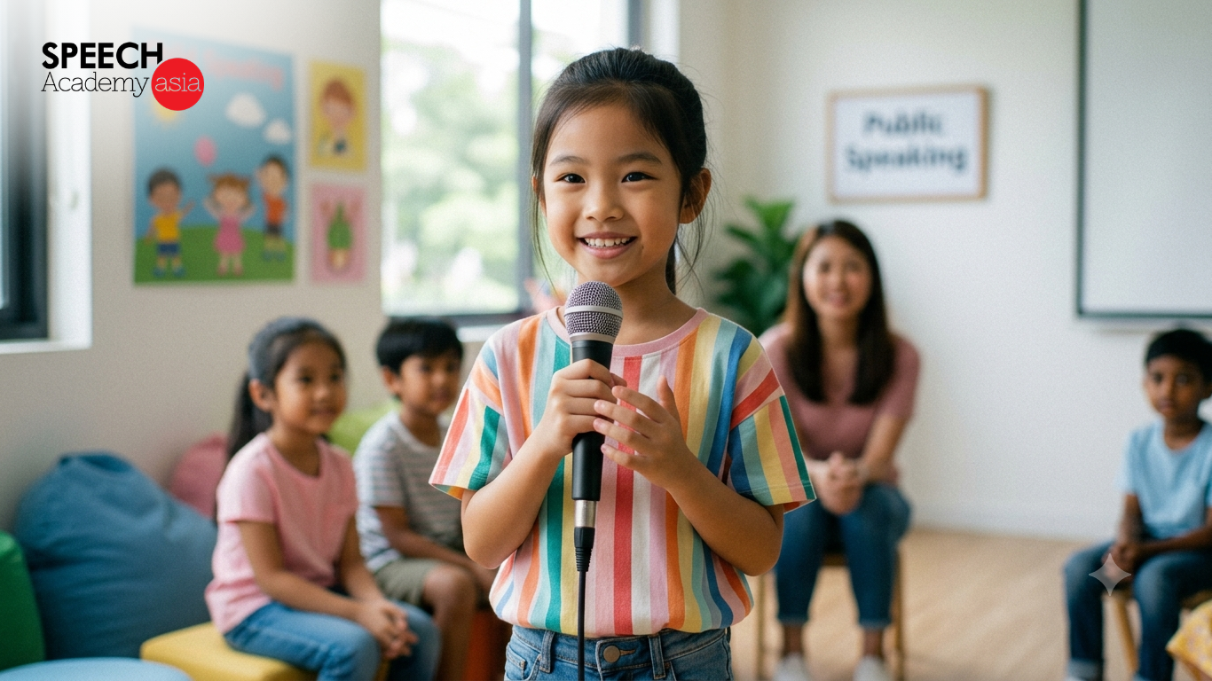 A happy young East Asian girl smiling and confidently holding a microphone while speaking in a bright, modern classroom, with other children and a supportive teacher sitting in the blurred background.