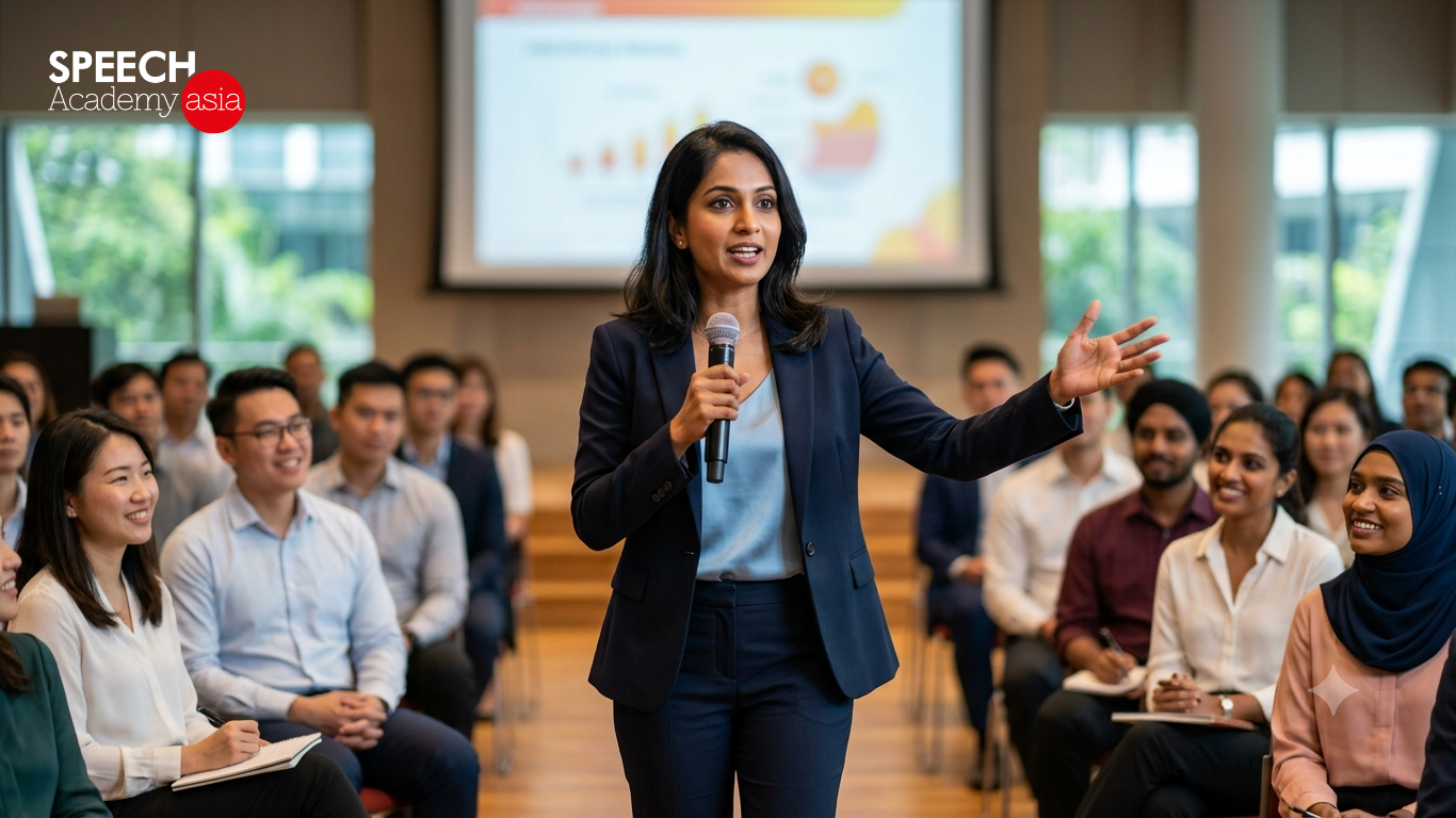 Adult speaker presenting confidently to a diverse audience during presentation and public speaking training in Singapore