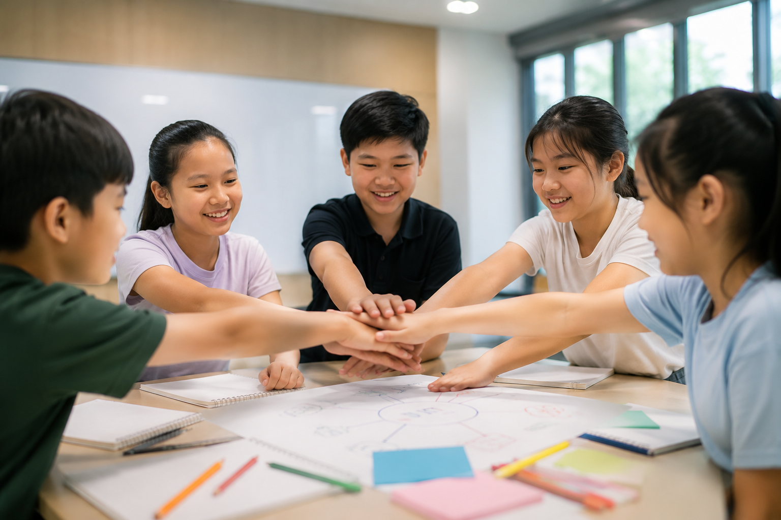 Students working together during a leadership workshop in Singapore, demonstrating teamwork, collaboration and communication skills in a classroom.