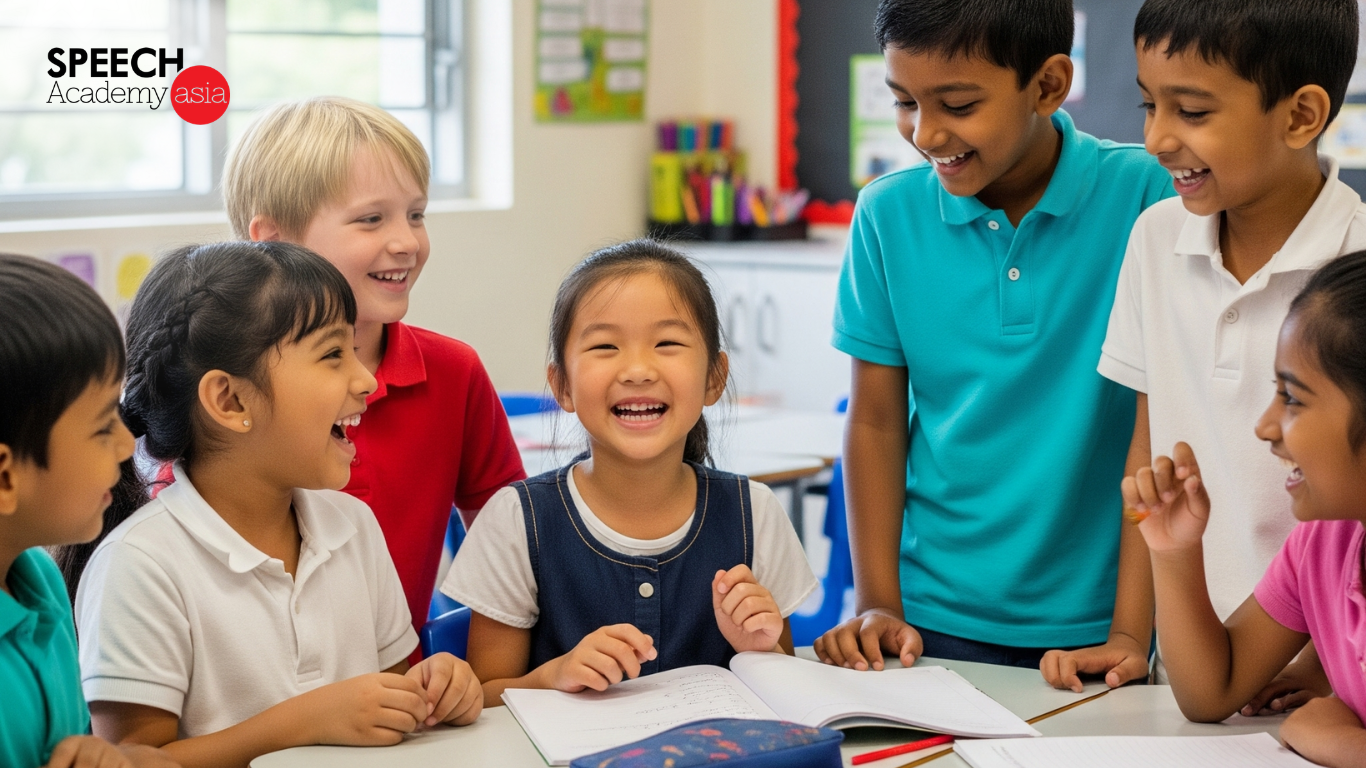 Child telling a story with expressive hand gestures in a Singapore classroom while classmates smile and listen attentively