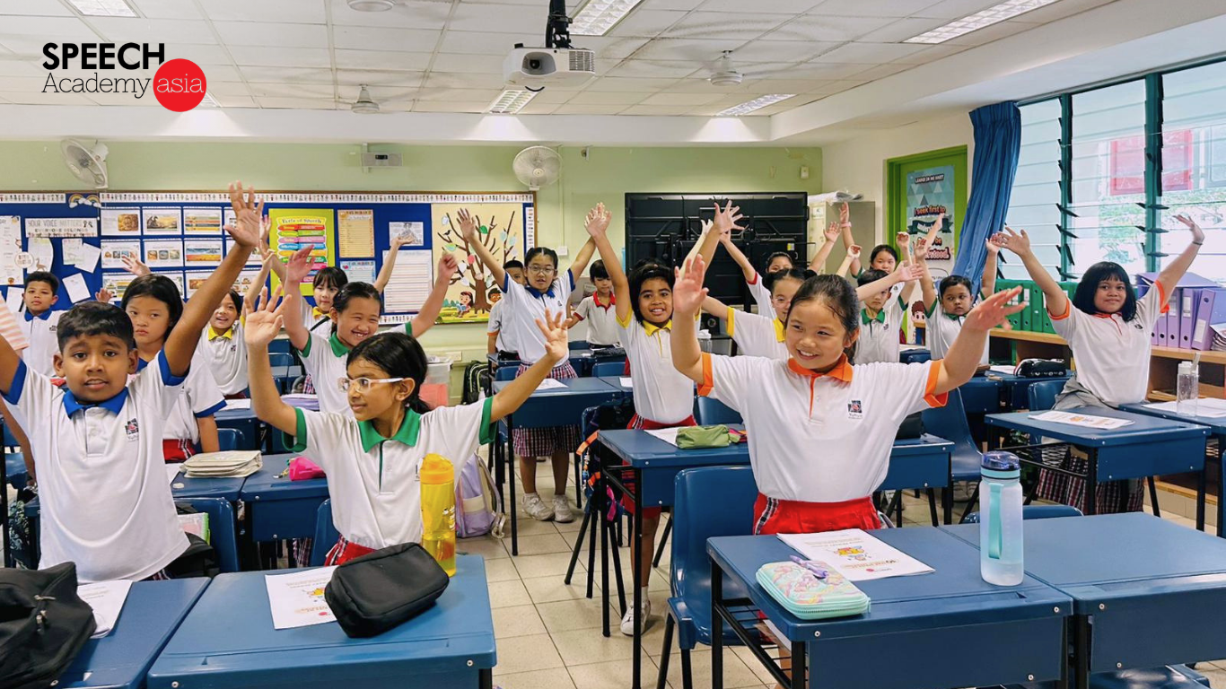Primary school students practising public speaking and presentation skills during a confidence building class in Singapore