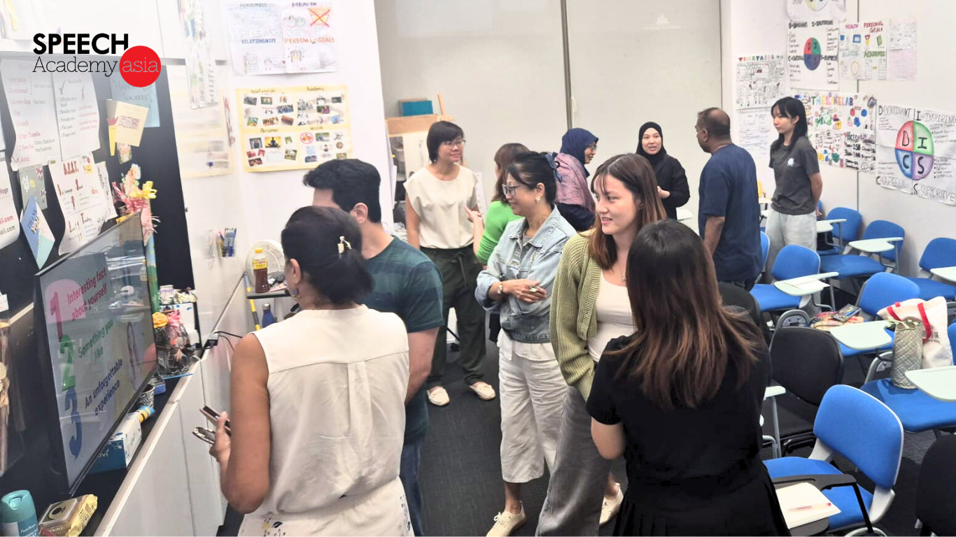 Professional improving public speaking and presentation skills during communication training