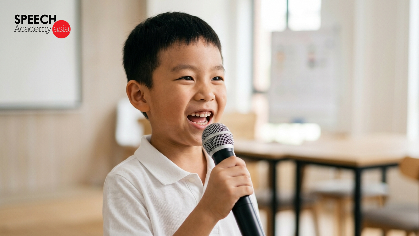 Little boy speaking confidently into a microphone during a public speaking class