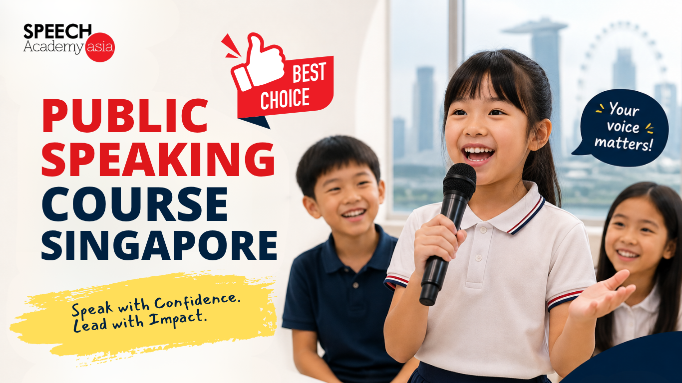 Little boy speaking confidently into a microphone during a public speaking class