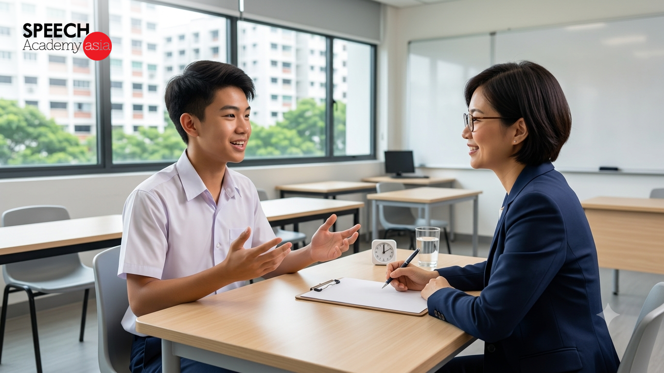 A Singapore secondary school student in uniform seated across a desk, speaking confidently to a smiling female examiner in a modern classroom setting.
