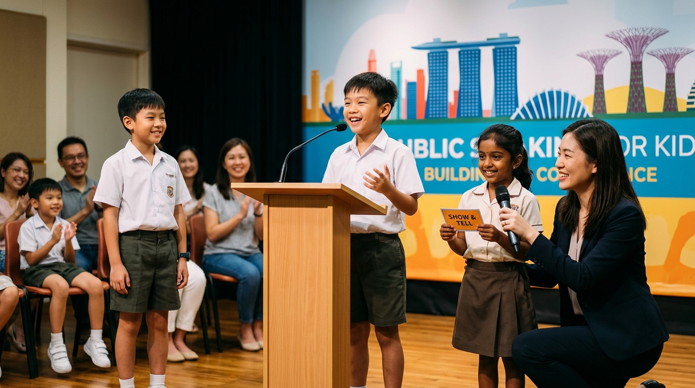 A confident young Asian boy standing behind a wooden lectern, speaking enthusiastically with open hands during a public speaking class for kids in Singapore, surrounded by peers and an encouraging teacher.