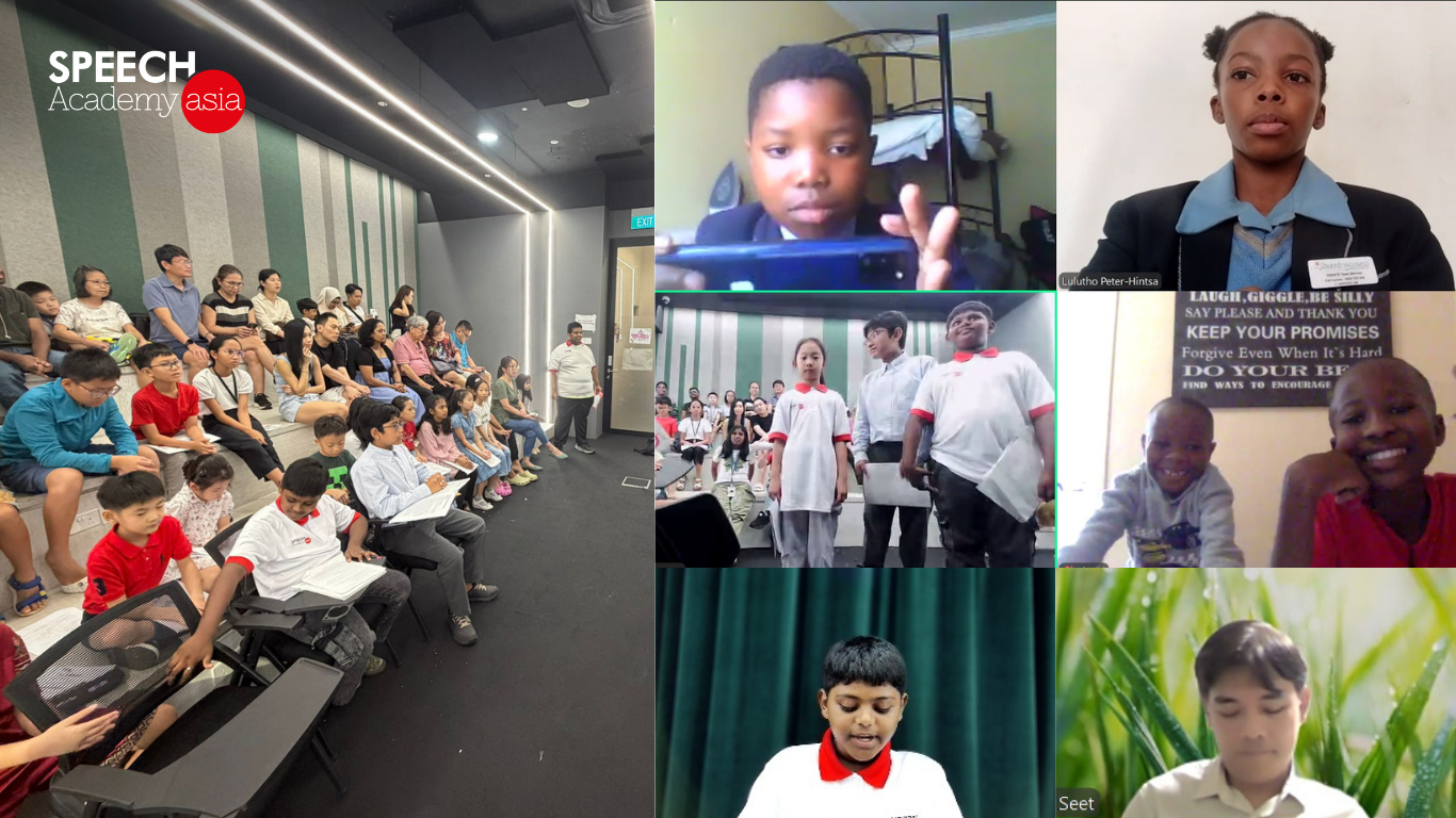 South Africa students and Singapore students take part in an inaugural virtual debate exchange with an audience watching at Speech Academy Asia HQ