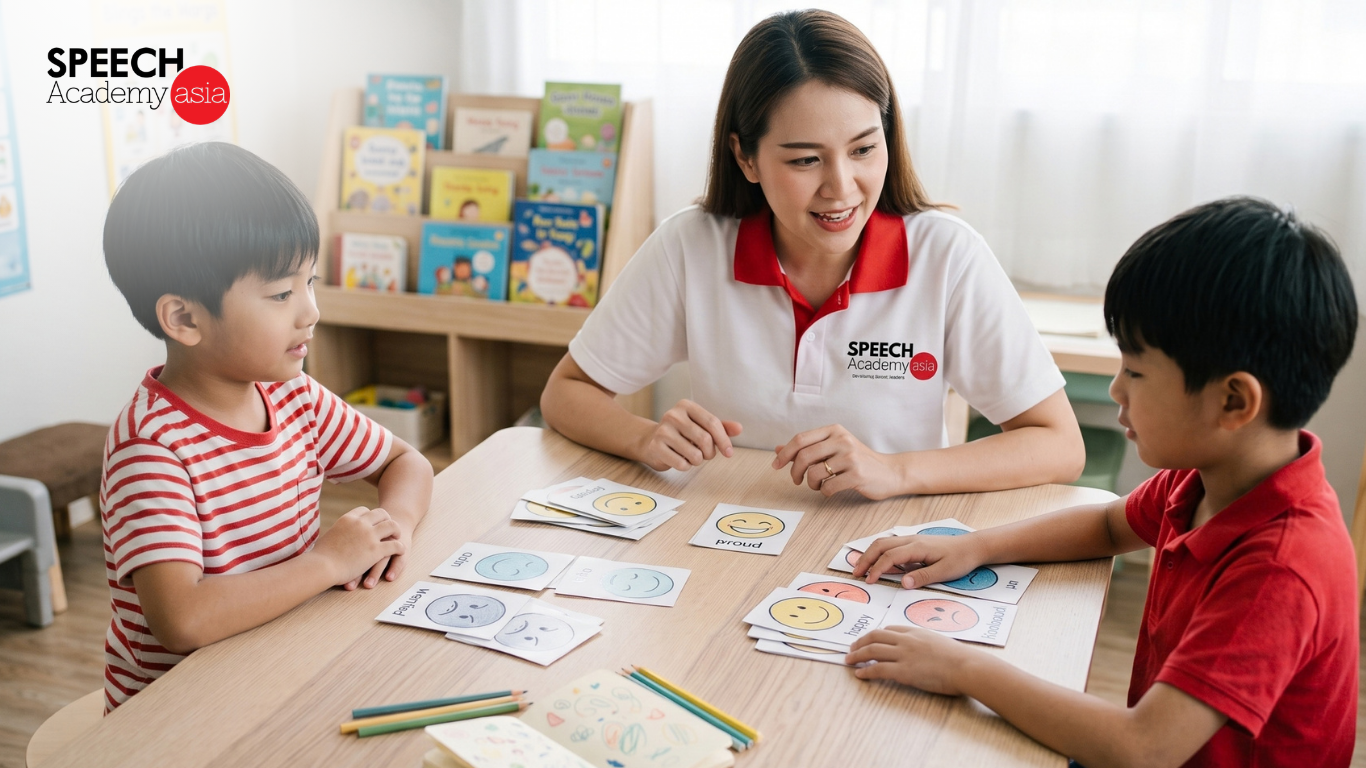 Children arranging emotion cards during a mental wellness workshop for kids in Singapore