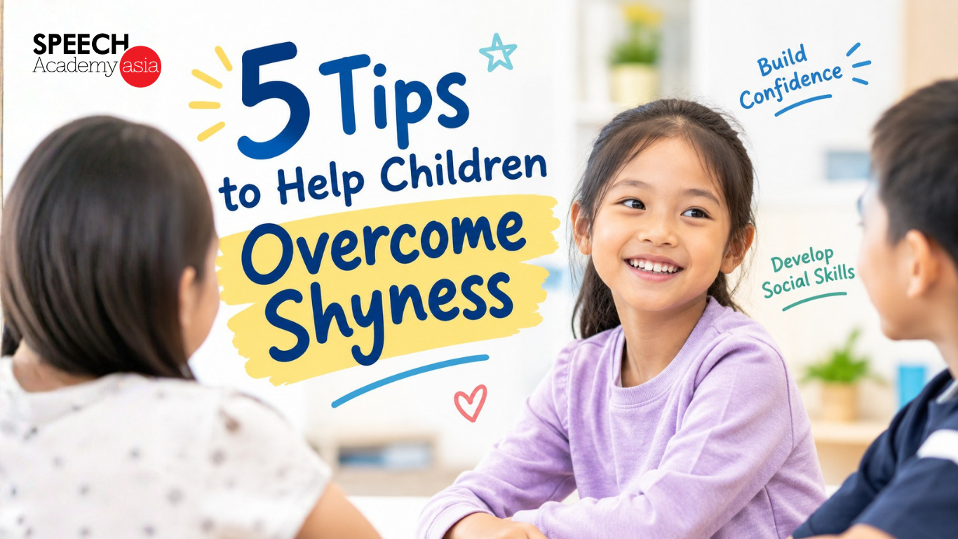 5 tips to help children overcome shyness, featuring a smiling child in a classroom with the headline “Build Confidence” and “Develop Social Skills”.