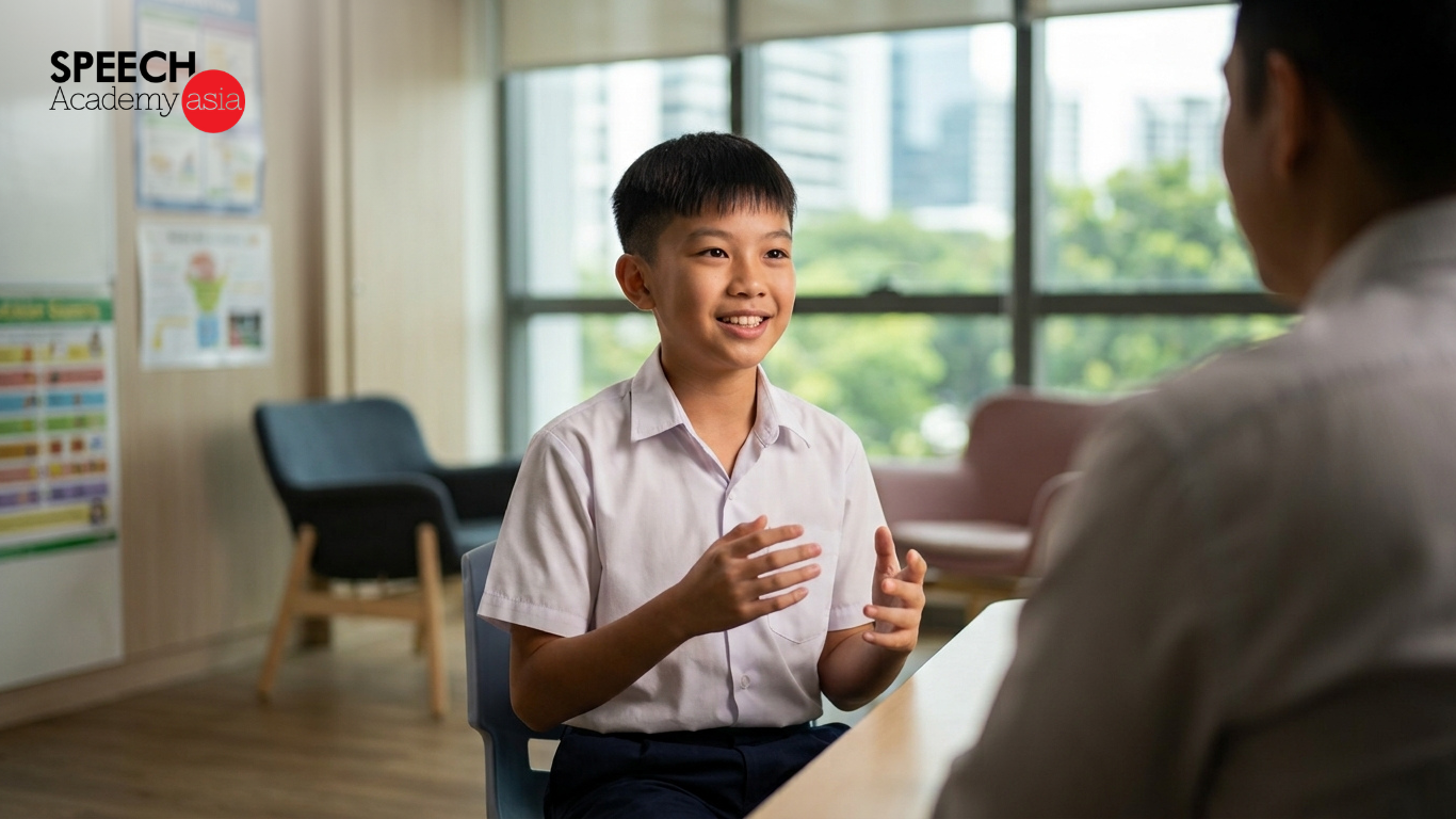 A young Primary 6 Singaporean schoolboy sitting across a table from an interviewer, smiling and using expressive hand gestures during a mock interview setting.