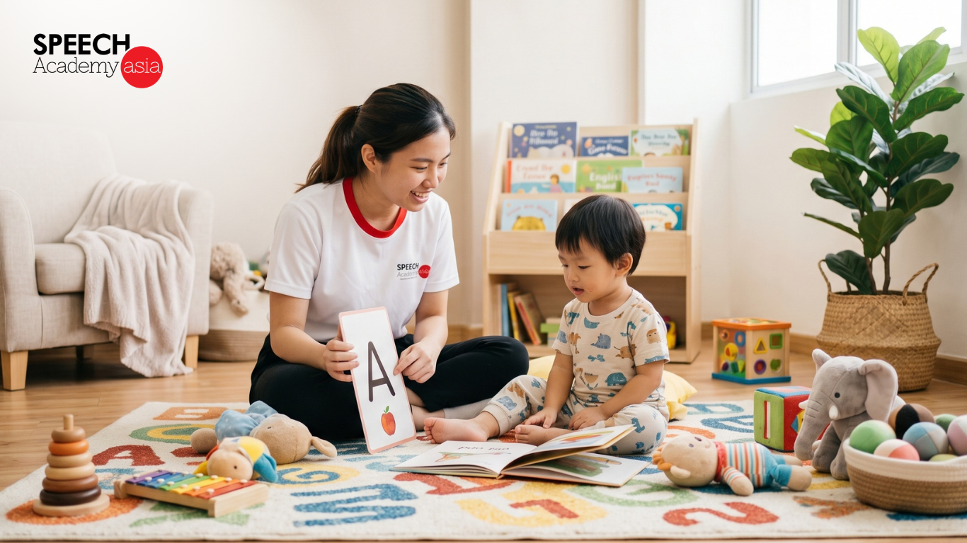 Young child sounding out words during a phonics class for kids in Singapore