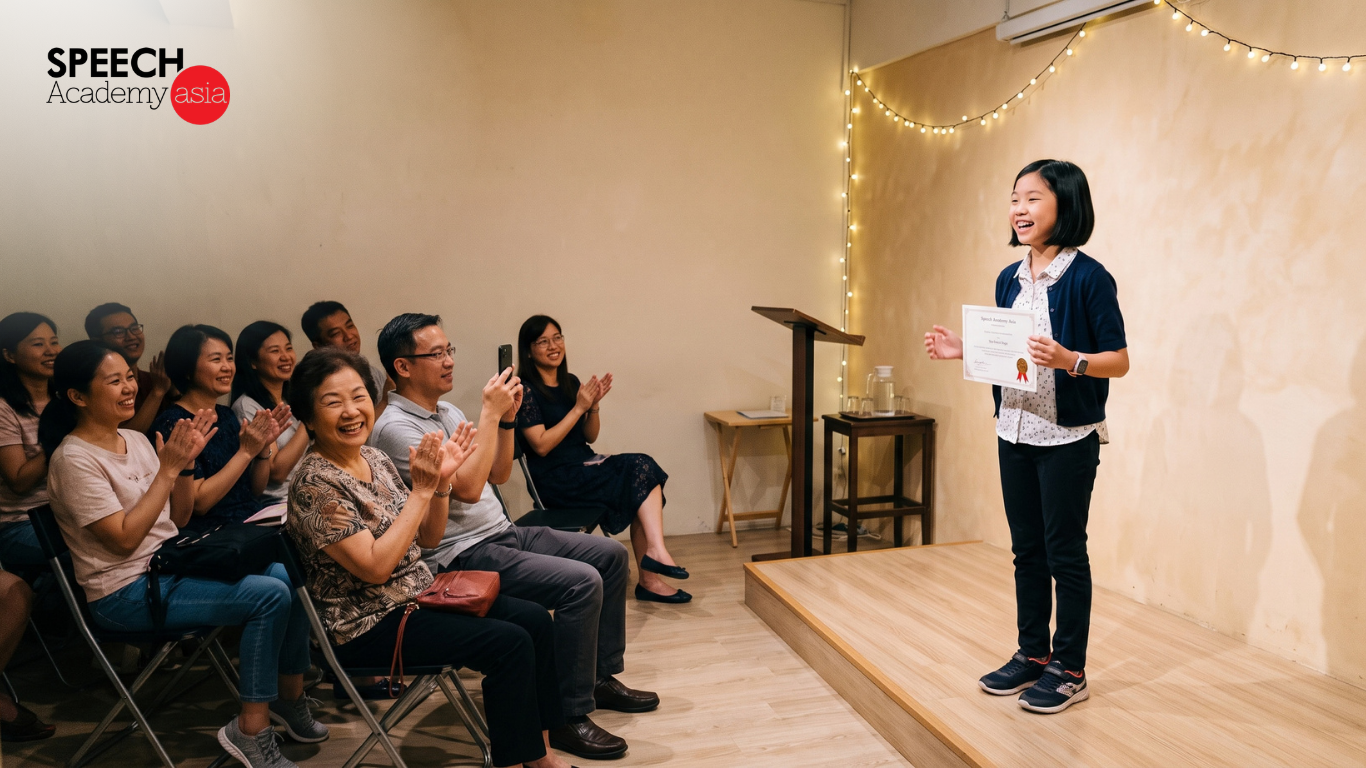 Student receiving recognition for progress in a public speaking course for students in Singapore