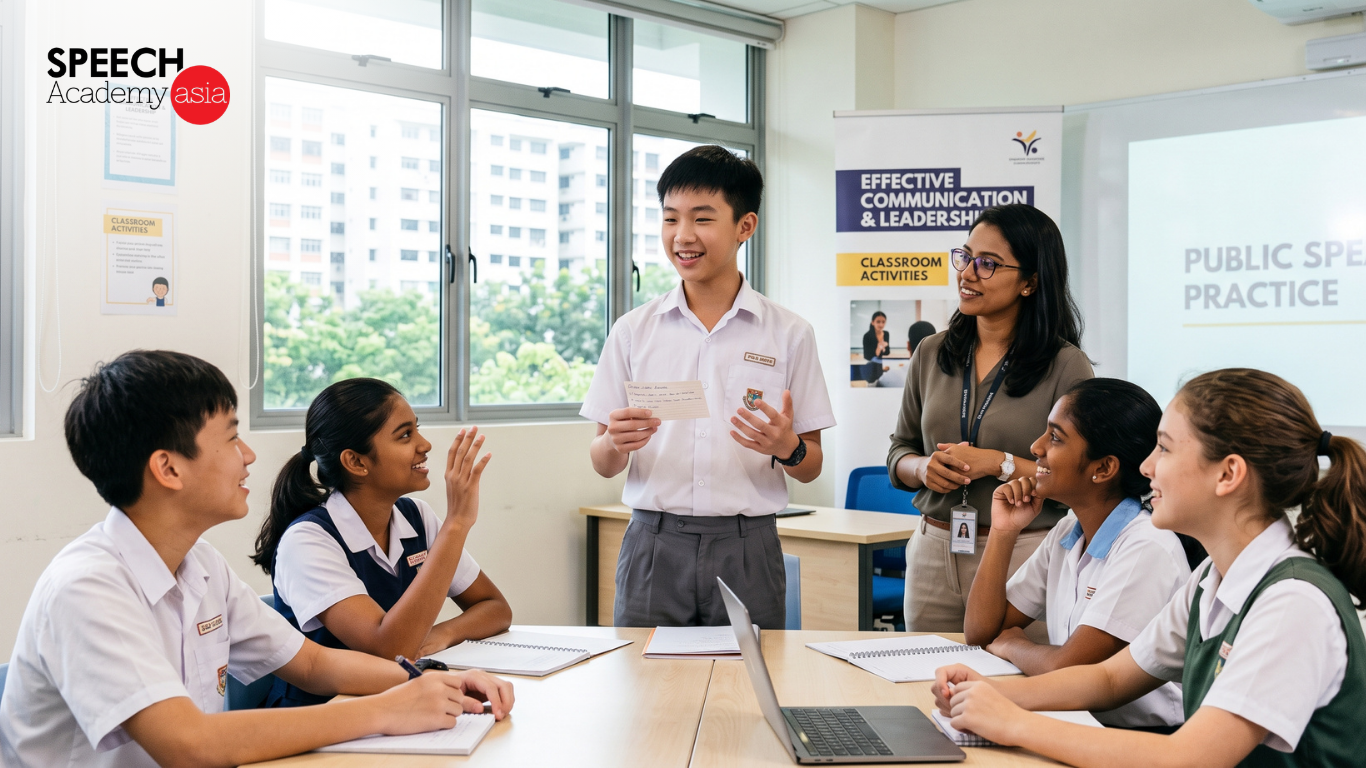 Secondary school student presenting with cue cards during a communication course for students in Singapore, as classmates and a trainer look on