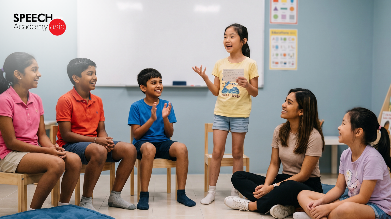 Children in casual clothes practising public speaking at an enrichment centre workshop in Singapore