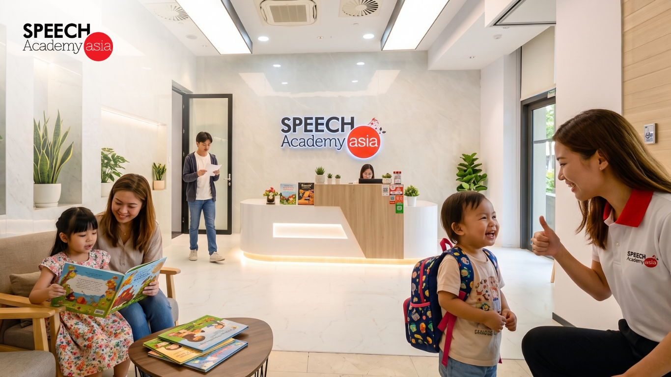 Parent, teen and working adult waiting together at an enrichment centre offering public speaking in Singapore for every age