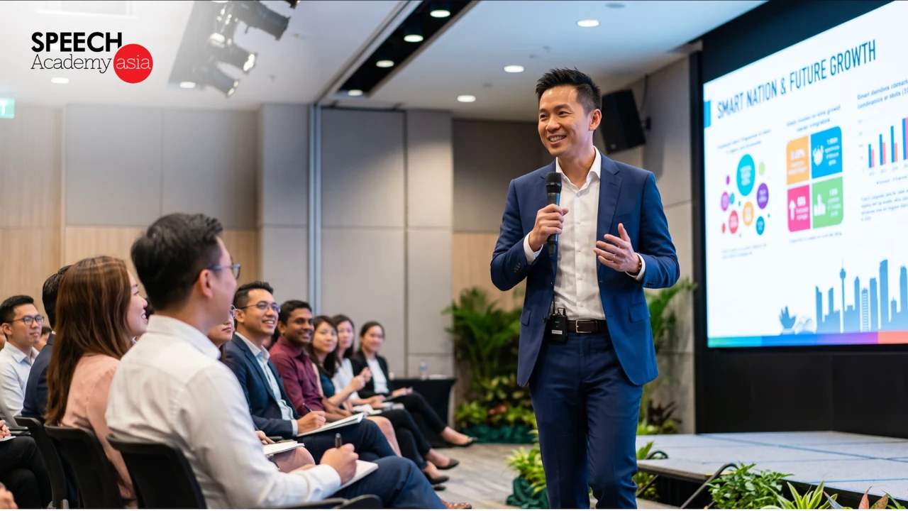 Speaker in a navy suit presenting with a microphone to an engaged seminar audience in Singapore